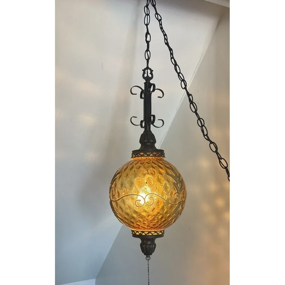 Vintage Large Amber Glass MCM  Hanging Swag Lamp Light W/ Chain
